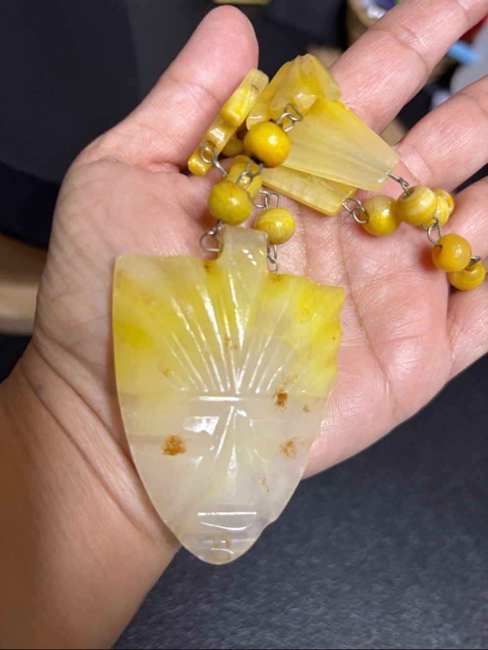 VINTAGE Carved YELLOW ONYX Stone Bead Necklace Aztec Mayan Face Pendant - Picture 9 of 13